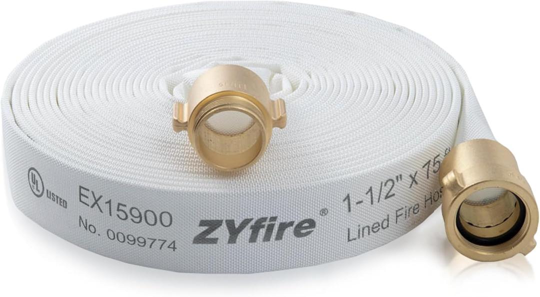 ZYfire Fire Hose - 1-1/2" ID x 75 FT Single Jacket TPU Fire Hose Industrial Hose Firefighter Hose with M  F NST/NH Brass Couplings Lightweight Lay Flat Water Hose for Use in Firefighting, Residential