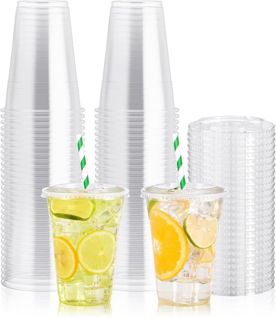 JOLLY PARTY 100Pack 16 oz Clear Plastic Cups With Flat Lids, Disposable Clear Cups with Straw Slot Lids, Crystal Clear Disposable Drinking Cup for Juice Ice Cream Milkshake Iced Coffee Cold Drink