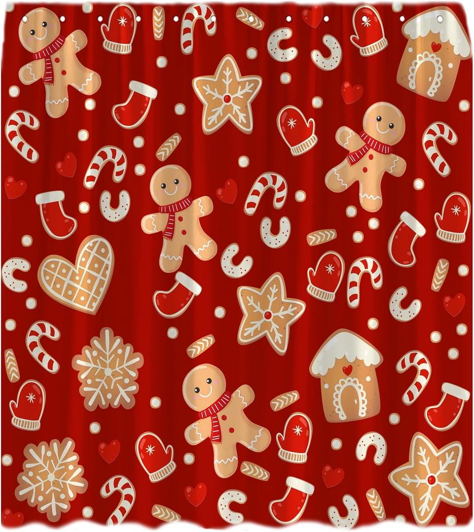 Christmas Shower Curtain Gingerbread Cookies House Cute Cratoon Snowflake Winter Holiday Happy New Year Bath Curtain with Hook (70"W x 70"L (Pack of 1), Red Brown)