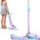 BELEEV A8 Scooter for Kids Ages 3-12, 3 Wheel Folding Scooter for Toddlers Girls Boys, LED Light-Up Wheels, 4 Adjustable Height, Lean to Steer, Extra Wide Wheels, Three Wheel Kick Scooter for Children (Purple)
