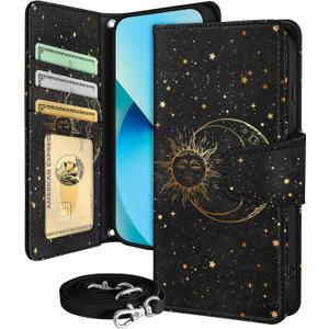 Buleens for Samsung Galaxy S23 Plus Wallet Case for Women - with Card Holder S23 Plus Flip Case Leather Crossbody Cute Aesthetic Galaxy S23+ Case with Strap Kickstand for Girls Girly, Black Sun Moon