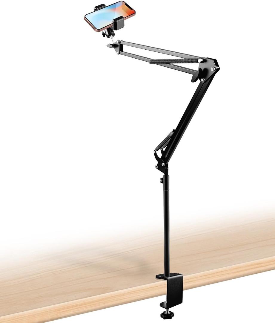 Overhead Phone Mount with Adjustable Arm and Desk Clamp, Camera Desk Mount Fit for DSLR iPhone Webcam Ring Light, Phone Holder Fit for YouTube TikTok Photography Video Recording