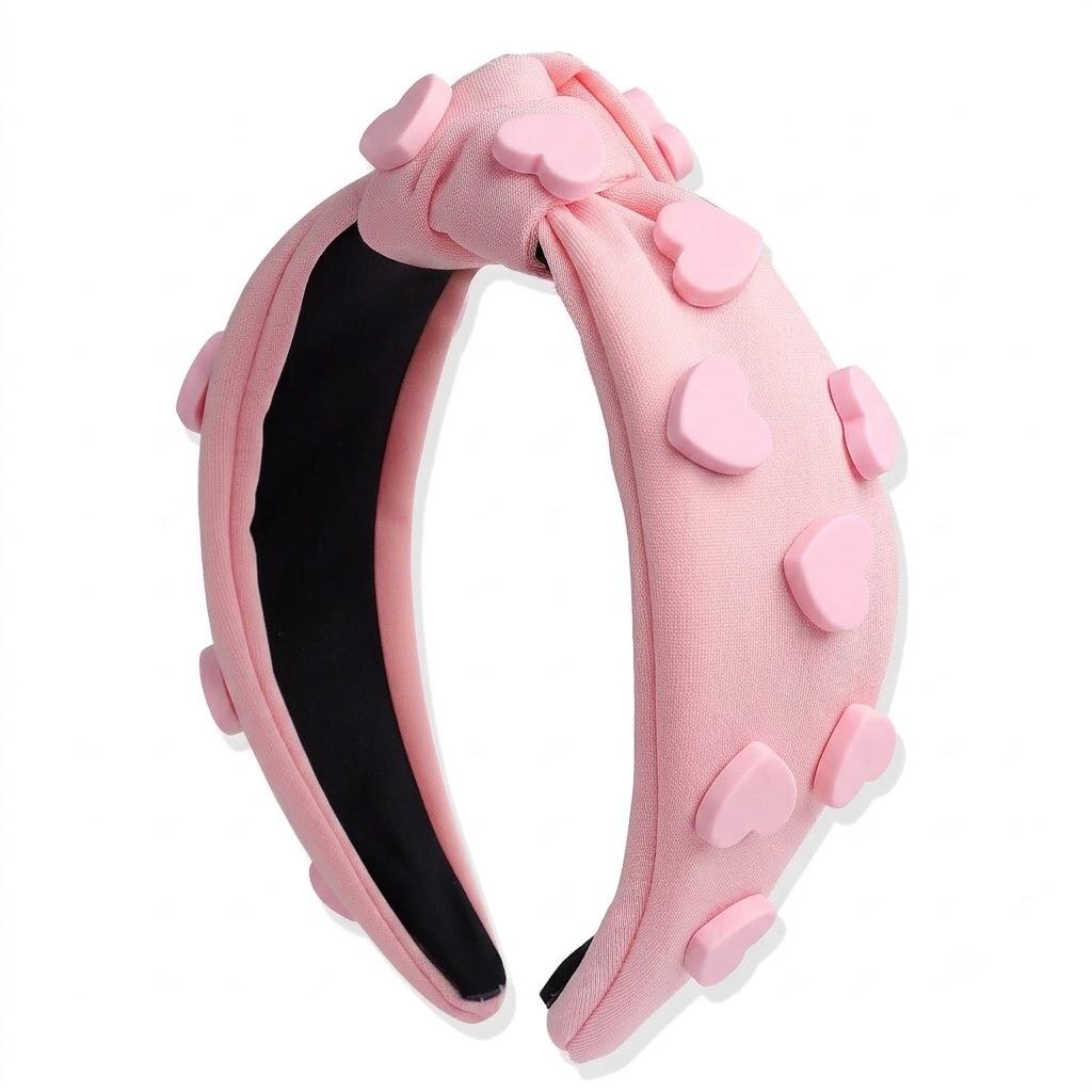 Valentine Soft Pink Knotted Headband for Women with Glossy Heart Charms Adjustable Stretch Hair Band Cute Love Gift Idea Sweet Hair Accessories Romantic Head Wear for Date Night Bridal Decorations