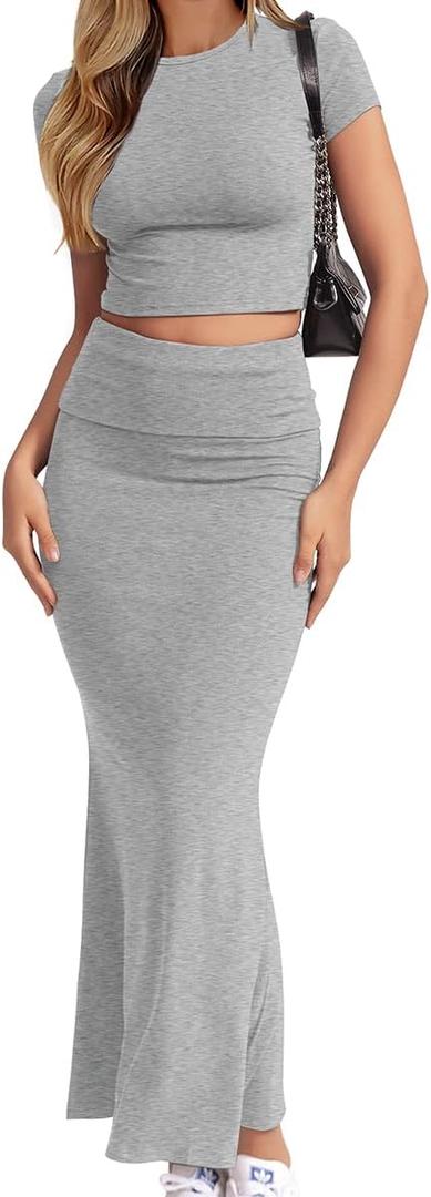 CHYRII Womens Two Piece Sets Short Sleeve Crewneck Cropped Top Bodycon Fold Over Maxi Skirt Maxi Dress Outfits Grey L