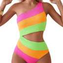 TASHEHE Women's One Shoulder One Piece Swimsuit Sexy Neon Color Block Bathing Suit Modest Full Coverage Cutout Swimwear (Medium, Pink / Orange / Neon Green)