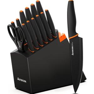 Knife Set, Astercook 15 Pcs Dishwasher Safe Kitchen Knife Set with Built-in Sharpener, High Carbon German Stainless Steel Black Knife Block Set
