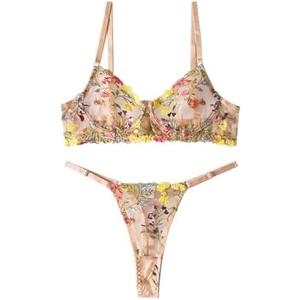Lilosy Sexy Floral Embroidered Mesh Women Underwire Push Up Lingerie Set.M