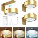 Brightown 3-Pack Picture Lights for Wall,Rechargeable Battery Operated Painting Light Magnetic Art Display Light with Remote, Puck Lights, Dimmable & Timer Art Lighting for Paintings Wireless,Gold