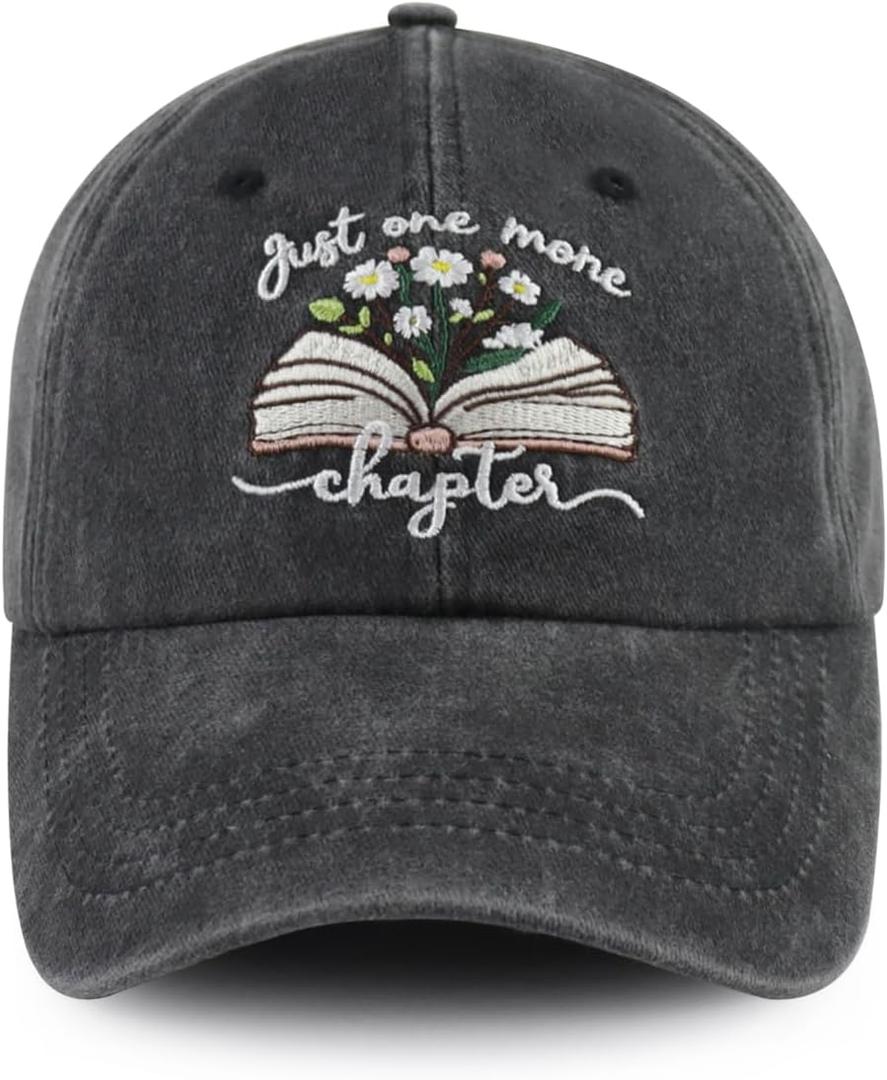 Just One More Chapter Hat for Men Women, Funny Adjustable Cotton Embroidered Bookish Baseball Cap (Black)