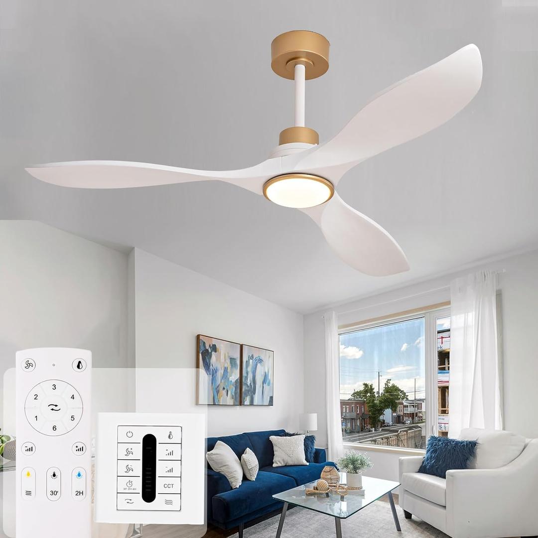 52" Solid Wood Ceiling Fans with Lights and Remote, Outdoor 3 Blade White Gold Ceiling Fans with Wall Control, 6 Speed, Dimmable, Quiet DC Motor for Patio, Bedroom, Living Room