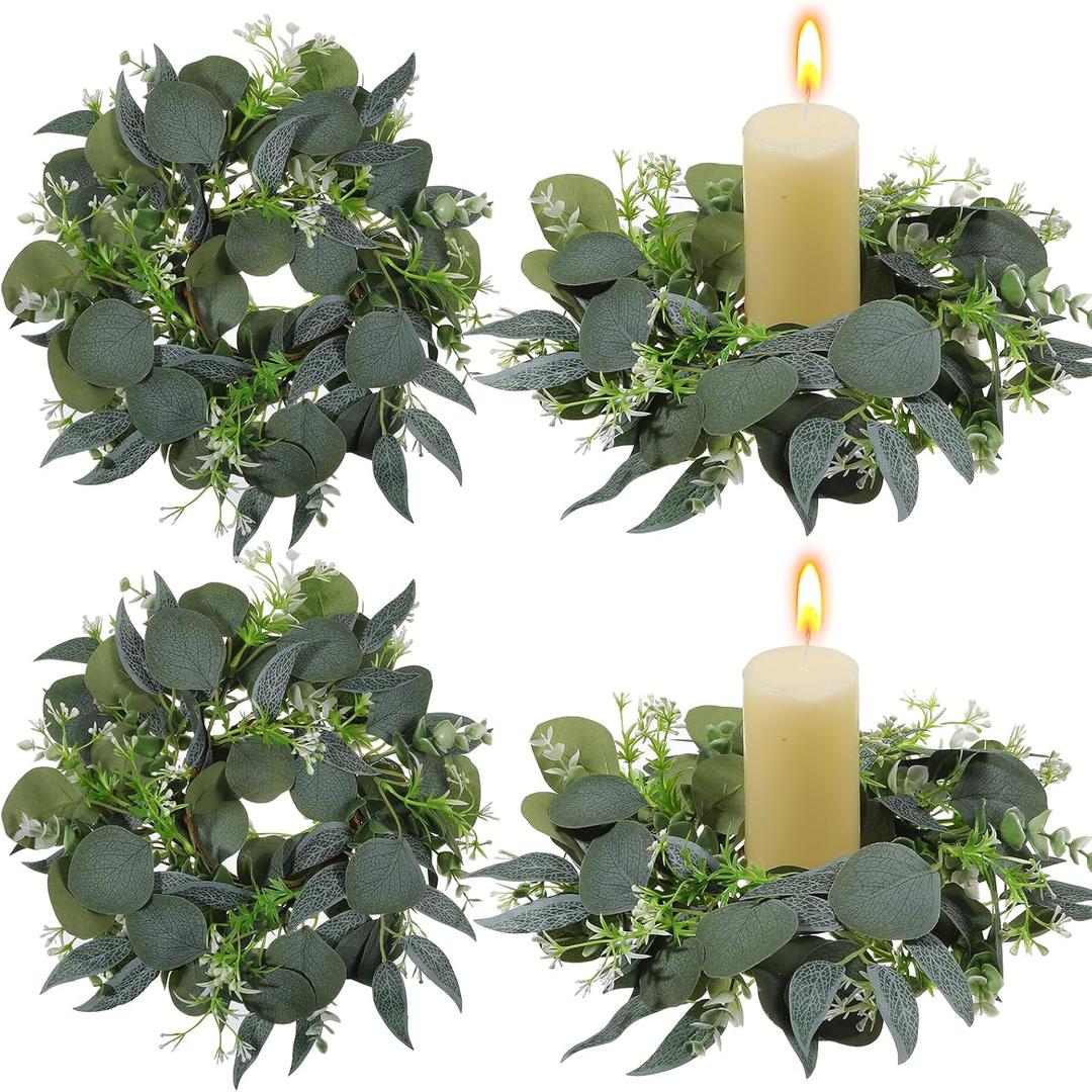4 Pcs Eucalyptus Candle Rings Wreaths 4 Inch Center Mini Artificial Green Floral Leaves Wreaths Pillar Holder Centerpiece for Wedding Party Home Door Window Wall Farmhouse Decoration