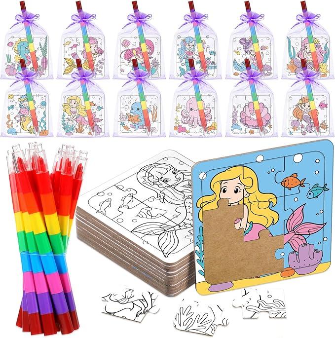 Fullhawl 12 Sets Mermaid Puzzles Underwater Color Your Own Puzzles DIY Jigsaw Crafts with 12 Stackable Crayons and 12 Bags for Under The Sea Theme Gifts Birthday Party Supplies(12, Mermaid)