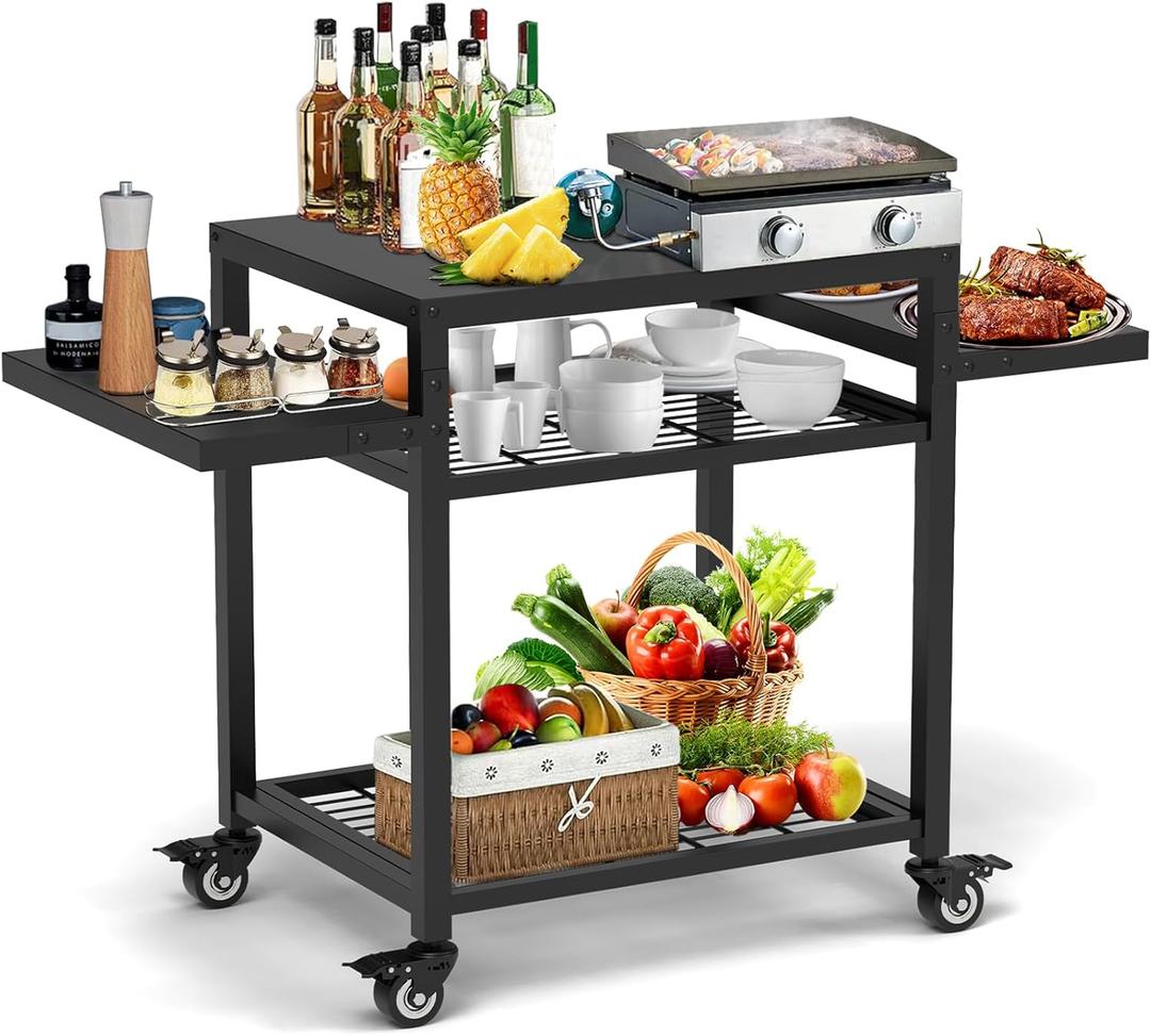 42"x 20" Three-Shelf Grill Table Grill Cart Outdoor BBQ and Work Cart Table Movable Pizza Oven Table Commercial Multifunctional Kitchen Food Prep Worktable (Metal)