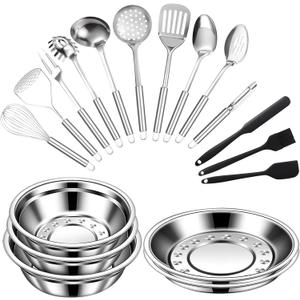 18 Pcs Silver Stainless Steel & Silicone Cooking Utensils Set, All-In-One Kitchen Tool Set with Mixing Bowls & Plates, Heat Resistant & Easy to Clean