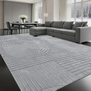 Grey Solid Area Rug 8x10 Large Washable Soft Indoor Rugs for Living Room Bedroom, Modern Geometric Bohemian Pattern High-Low Pile Textured Carpet for House Apartment, Home Office Decor