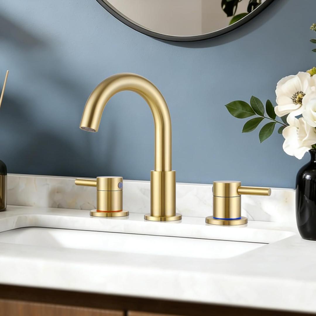 FGKQ Bathroom Faucet for Sink 3 Hole Brushed Glod, Bathroom Sink Faucet with Pop Up Drain, 8 Inch Widespread Vanity 3 Hole, 360 Swivel Two Handle with Supply Lines (1-Gold)