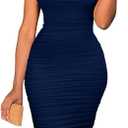 BEAGIMEG Women's Sexy Tank Top Bodycon Ruched Sleeveless Basic Midi Party Dress (Large, Navy)