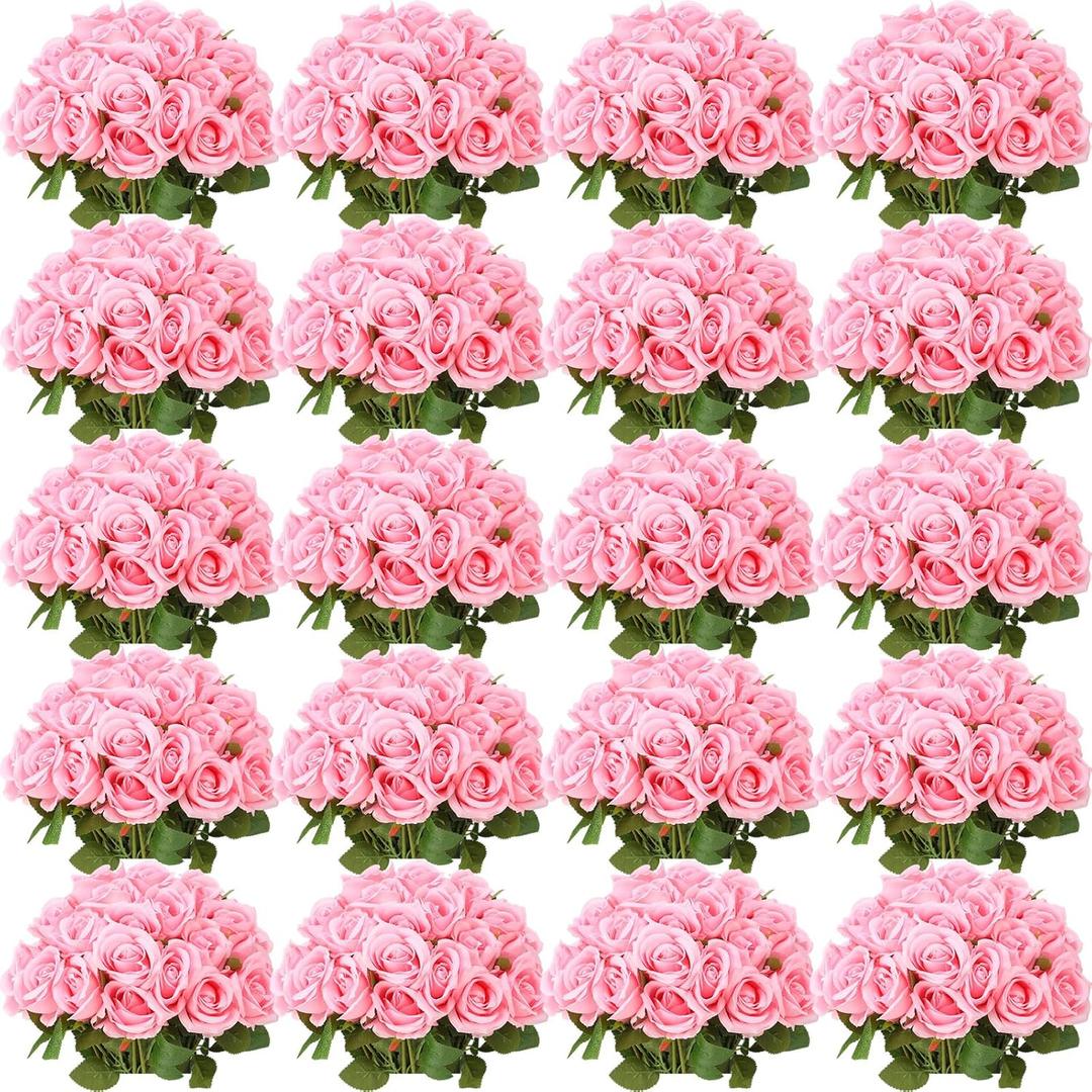Tigeen 150 Pcs Artificial Rose Flowers Bulk, Fake Silk Roses Realistic Long Stem Flower Bouquets for Wedding Centerpieces Flower Arrangement Home Kitchen Decor(Pink)