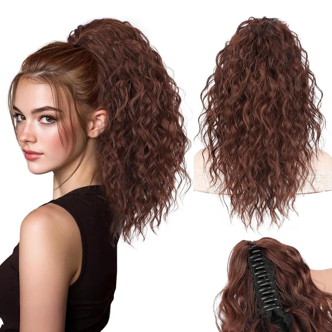 Stamped Glorious Ponytail Extension 18" Curly Wavy Pony Tail Claw Multi Layered Clip on Ponytail Extension Fluffy Natural Looking Synthetic Hair Piece for Women(Omber Almand Brown)