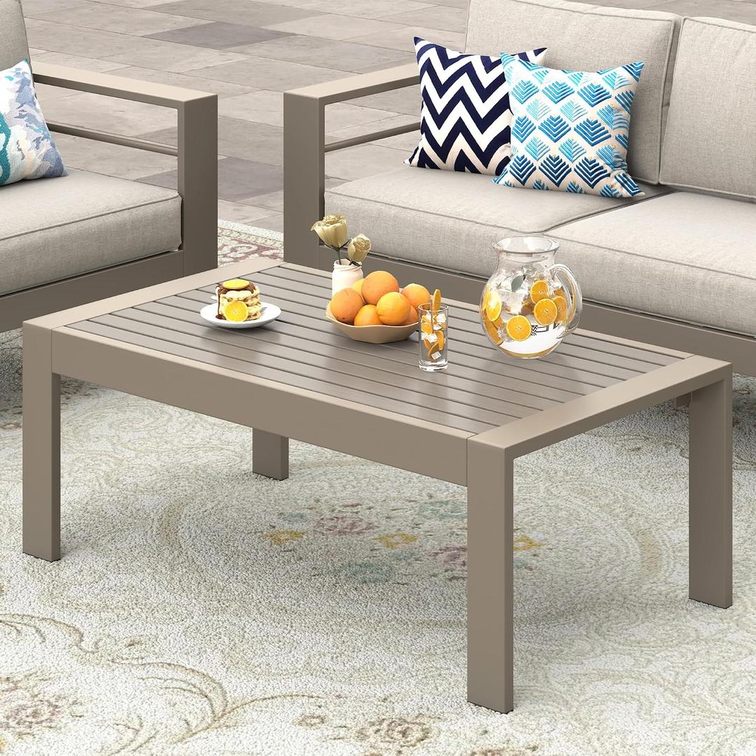 Wisteria Lane Outdoor Furniture Patio Coffee Table, Outdoor Rectangle Coffee Table, All-Weather Outdoor Metal Coffee Table for Balcony, Garden, Deck, Backyard, Khaki