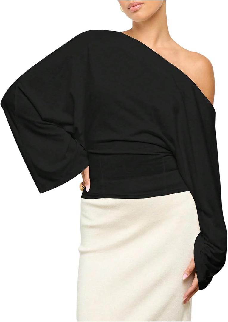SOLY HUX Women's Off The Shoulder Tops Elegant Long Sleeve Evening Party T Shirts (Black, Large)