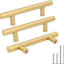 goldenwarm 10 Pack Gold Cabinet Handles Brushed Brass Drawer Pulls Gold Cabinet Pulls 3 inch - Kitchen Door Handles and Knobs Bathroom Bedroom Furniture Knobs Stainless Steel (3in Hole Centers)