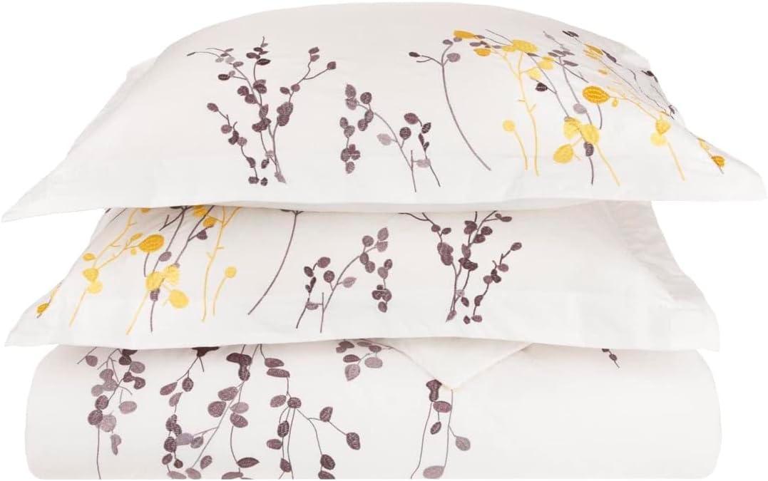 Superior Reed Cotton 200 Thread Count Duvet Cover Set, Soft Comforter Covers, Bedroom Essentials, Embroidered Floral Leaves, Includes 1 Duvet Cover with Button Closure, 2 Pillow Shams, Full/Queen (Multicolor)