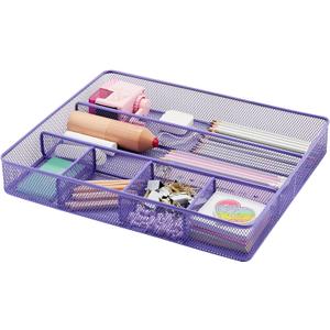 Annova Desk Top Organizer Tray for Office Organization - Metal Mesh - Storage Tray with Dividers for Pens, Desktop Accessories, Bathroom, Kitchen, Makeup and Office Supplies (Large, Purple)