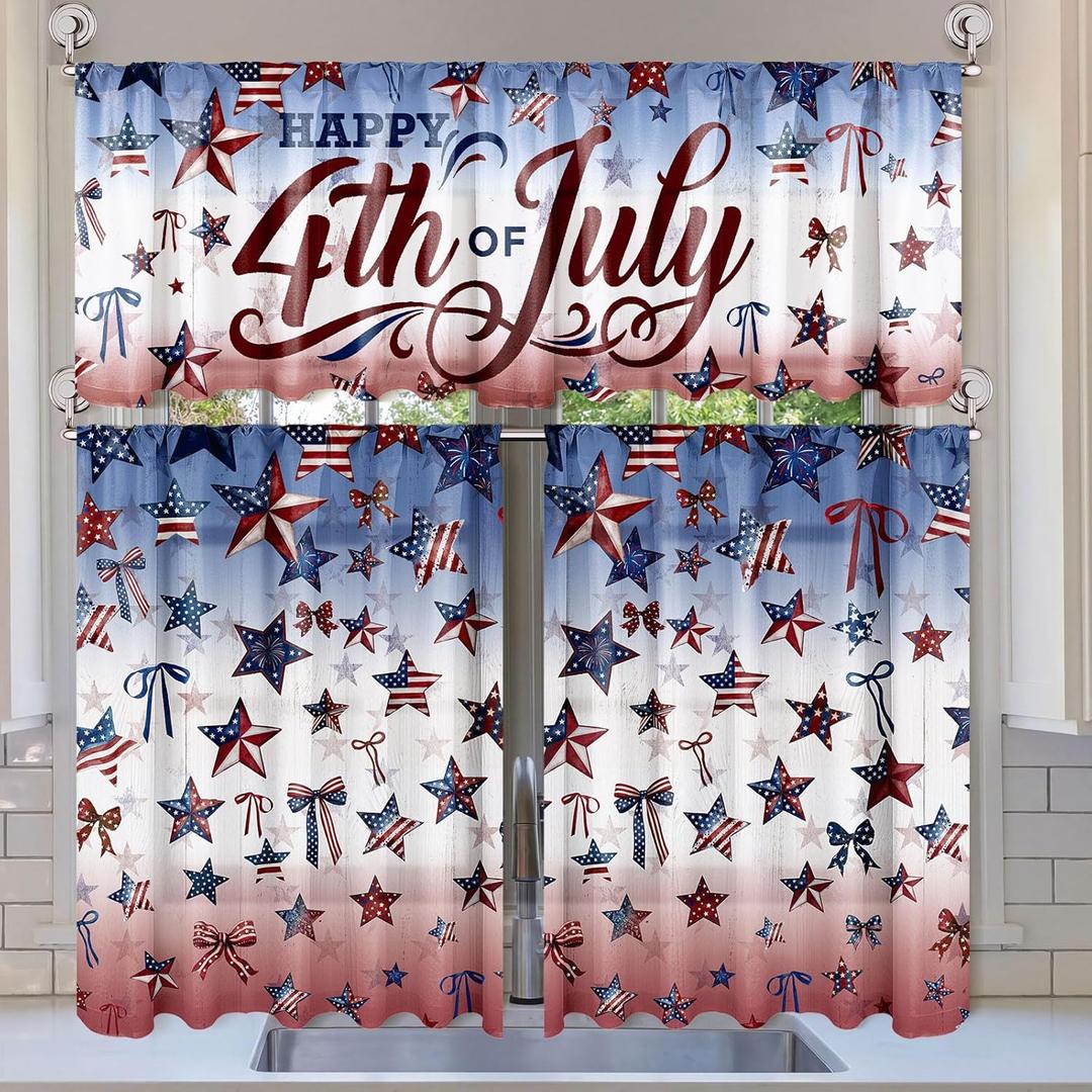 3 Pcs 4th of July Patriotic Kitchen Curtains Valances and Tiers Set for Windows Decor Short Memorial Day 250th Anniversary Red White Blue Star Curtain Set for Independence Day Window Treatment