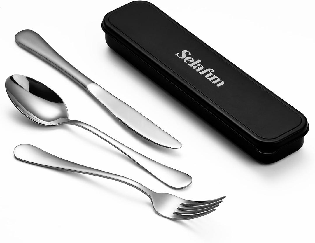 4-Piece Travel Set with Case - Portable Silverware Utensils - Stainless Steel Reusable Flatware - Cutlery Set for Camping, Picnic, Hiking, Office - Dishwasher Safe (8 inch)