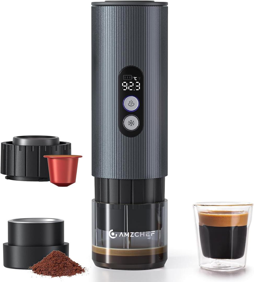 AMZCHEF Portable Coffee Maker Rechargeable w/ 9000mAh Battery, 2-in-1 Travel Espresso Maker for Ground/NS Capsules, Car Espresso Machine Self-Heating for Camping, RV, Hiking, Office, Aluminum