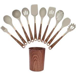 11-Piece Silicone Kitchen Utensil Set with Wooden Handle & Holder Heat-Resistant, Non-Scratch Cooking Tools for Non-Stick Cookware