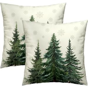 Green Christmas Tree Pillow Covers 16x16 in, Winter Nature Birch Forest Snowflake Throw Pillows Cover Farmhouse Decorative Pillow Case for Couch Bed Sofa Outdoor Patio Decor