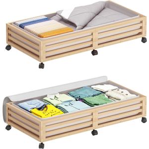 Wisuce Bamboo Under Bed Storage Containers- Underbed Organizer with Wheels with Dust Bag,Sturdy Wood Rolling Under the Bed Shoe Storage Organizer Drawers (Nature, 2 Pack (33.07"x16.54"))