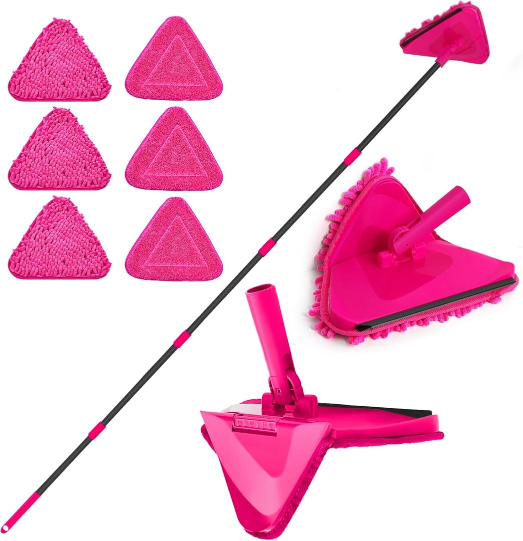 JEHONN Wall Mop with Long Handle 80 inches, Upgraded 180 Collapsible Baseboard Cleaner Tool with Squeegee, Ceiling Duster with 3 Microfiber and 3 Chenille Pads for Cleaning Window, Cabinet (Rose Red)