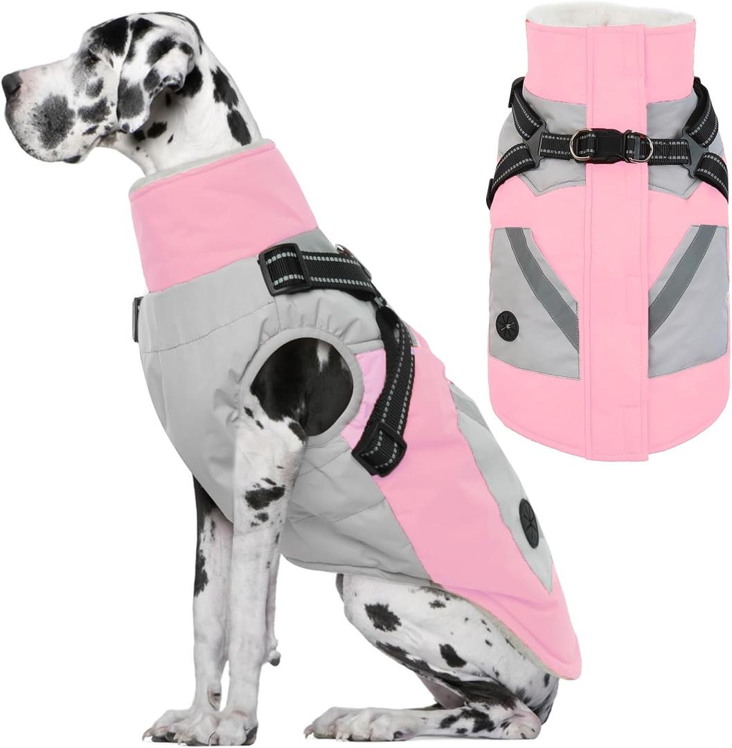 IECOii Large Dog Coat with Harness Built in,Reflective Waterproof Dog Coat for Giant Breeds - Zip Up Fleece Jacket for Dogs,Great Dane Winter Coats Warm Snowsuit for Cold Weather, Pink, 4XL 