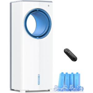27 INCH Evaporative Air Cooler, Windowless Swamp Cooler Portable Air Conditioners w/Normal/Natural/Sleep/Cooling Mode,3 Speeds,Double Tanks& Remote & Smart Timer, Bladeless Air Cooler for Room, 1 Count