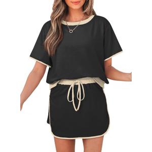 Women's 2 Piece Sets Summer Casual Short Sleeve Tops and Matching Drawstring Skort Going Out Lounge Outfits (X-Large, Black)