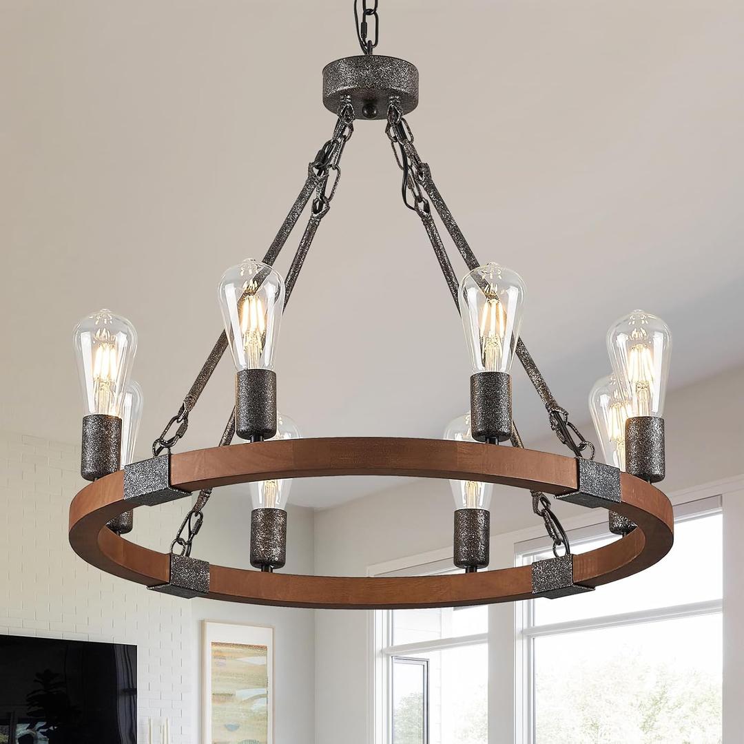 Farmhouse Wagon Wheel Chandelier 23.6" Black Rustic Light Fixtures 8-Light Wood Round Chandelier for Dining Room Kitchen Entryway Foyer (Walut)