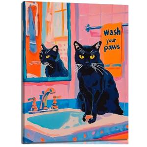 Funny Black Cat Canvas Wall Art Wash Your Little Paws Trendy Cat Painting Picture Wall Decor Colorful Cute Cat Poster Print Artwork for living room bedroom toilet bathroom Home Decoration, 24x16