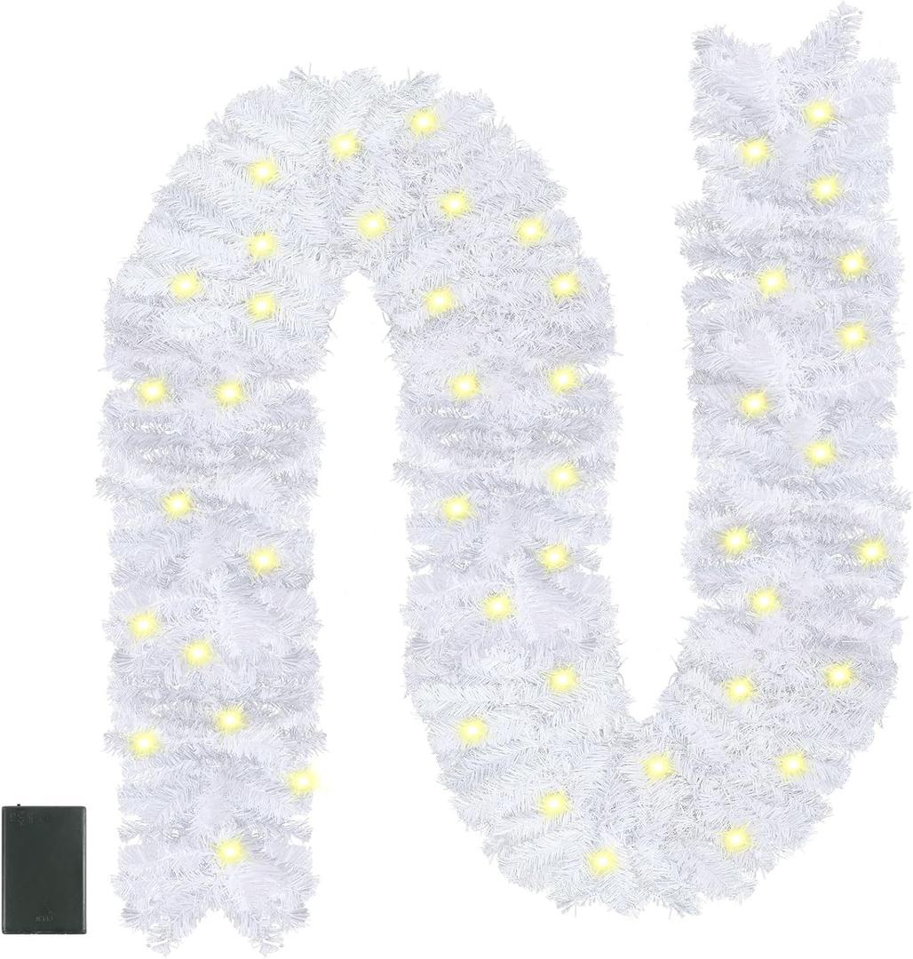 CCINEE 9FT Prelit Artificial Christmas Garland, White Xmas Garland Battery Operated with 50 Warm LED Lights Lighted Christmas Garland for Mantle Fireplace Stairs Indoor Outdoor Decoration