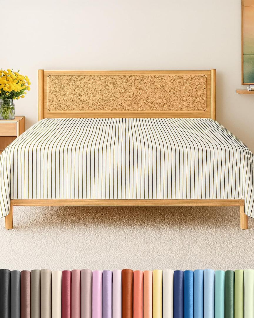 Full Size Flat Sheet - Hotel Quality Top Flat Bed Sheet Only - Ultra-Soft, Comfy, Breathable & Cooling - Fade & Wrinkle Free - Easy-Care, Stain & Shrink Resistant Bedding - Oeko-Tex - Beige Stripes