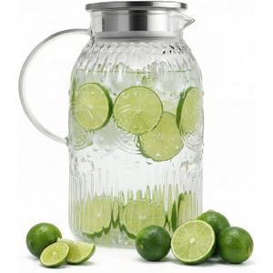 Bandesun Vintage Glass Pitcher with Lid, 128oz/ 1 Gallon Water Pitcher with Handle for Fridge Heat Resistant Borosilicate Water Jug, Carafe for Hot/Cold Coffee, Tea,Beverage 1Pack