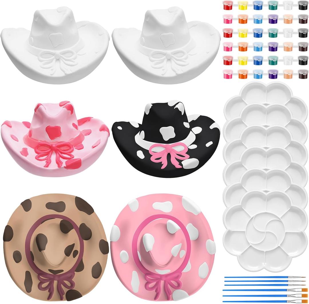 Affrolling 6 Set Cowboy Hat Ceramics to Paint Ready to Paint Your Own Ceramic Cowgirl Hat DIY Unpainted Plaster Paintable Kit Craft with Brush Palette for Adult Western Table Centerpieces Decorations