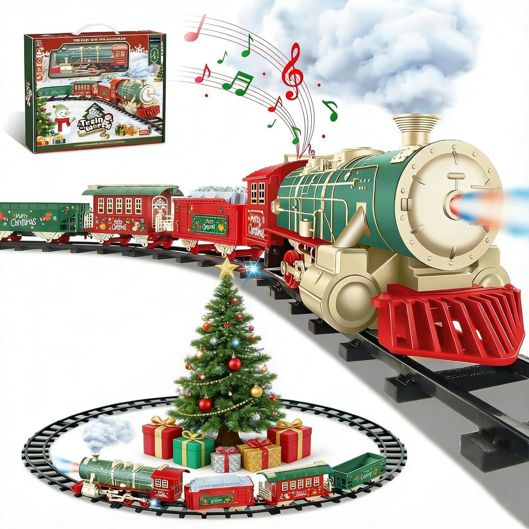 Electric Train Set for Kids Ages 4-8 with Real Steam, Lights and Sounds, Complete Toy Train Set with Cars and Tracks, Easy Snap-Together Assembly, Christmas and Year-Round Gift for Children