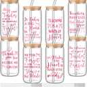 Domensi 8 Pcs Teacher Appreciation Gifts for Women 16 oz Glass Cups Tumblers Thank You Teacher Gifts with Bamboo Lids Straws Brushes Clear Coffee Drinking Cup for Birthday Party Favors