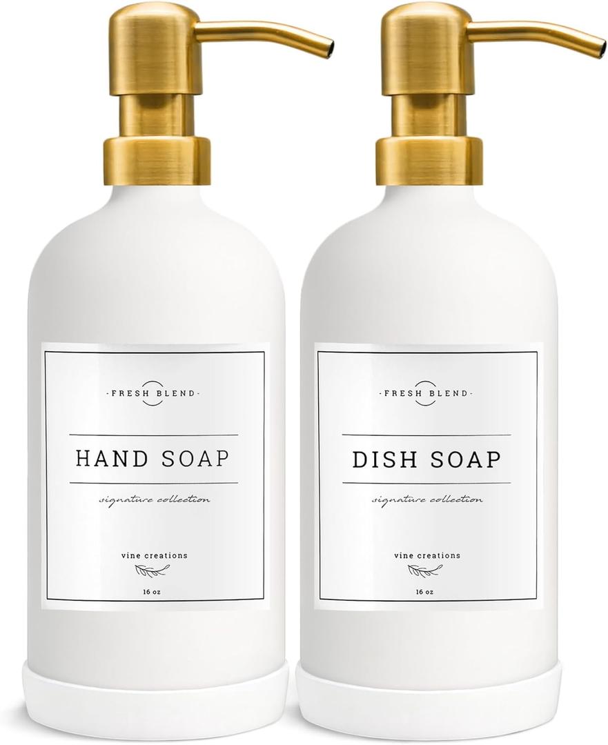 Vine Creations Glass Soap Dispenser, 2 Pack Kitchen Soap Dispenser Set with Stainless Steel Pump, 16 oz Dish Soap and Hand Soap Dispensers for Bathroom with Waterproof Labels (White) (Matte White Bottle / Gold Pump)