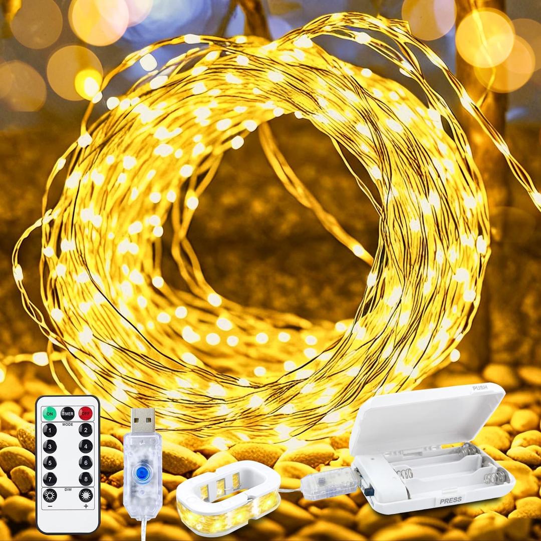 Aogist 2-Pack 50LED Fairy Lights 16ft Dual Power(USB/Battery) with Remote & Timer,8 Modes Flexible Copper Wire Waterproof String Lights for Outdoor Christmas Wedding Bedroom Party Decor,Warm White