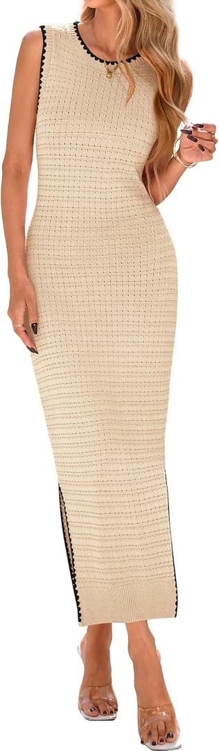 BTFBM Womens Knit Bodycon Midi Dress Casual Sleeveless See Through Cover Up Dresses Crew Neck Slit Tank Summer Dresses (XX-Large, Light Khaki)