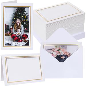 50 Count Photo Frame Cards with Envelopes 4x6 Paper Picture Frame Notecards Photo Card Holder for Christmas Greeting New Year Birthday Wedding Classroom DIY Craft - White with Gold Lining